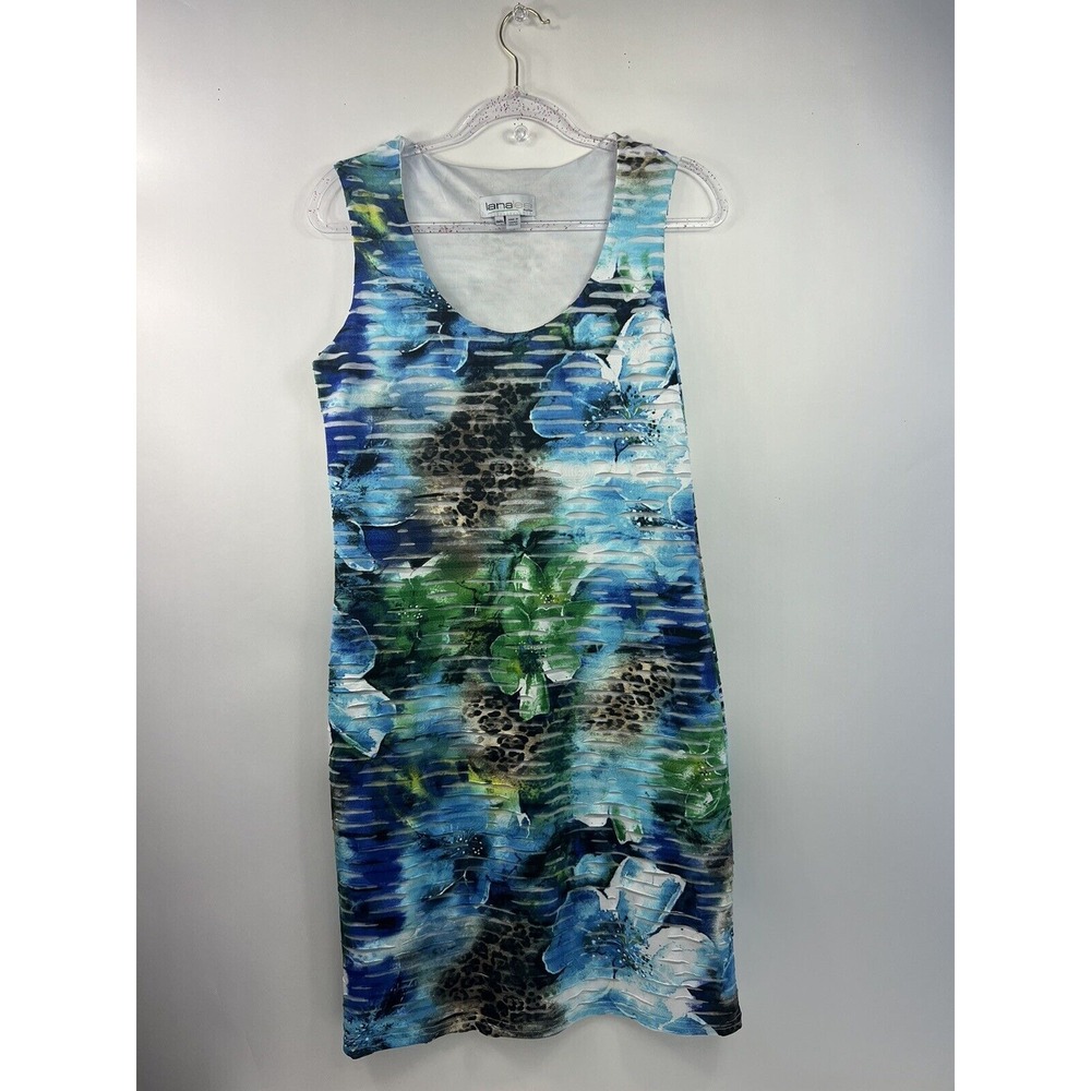 Lana Lee Dress Petite Women's Sz M Blue Print Sleeveless Layered Fabric Lined
